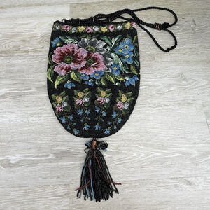 Antique Micro Beaded Drawstring Purse Pink and Blue Flowers